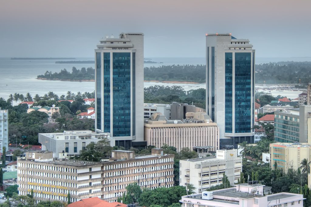 Bank of Tanzania headquarters building, Mirambo Street, Dar es Salaam, at dusk