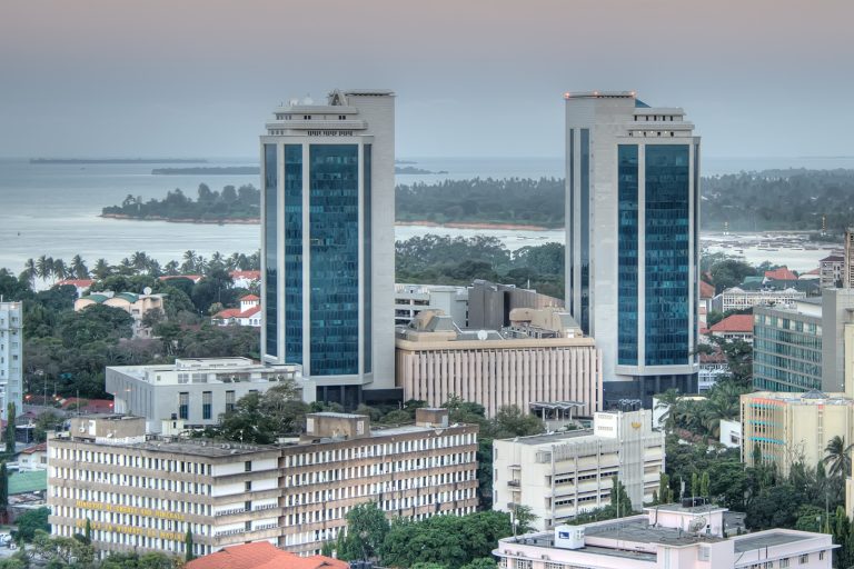 Bank of Tanzania headquarters building, Mirambo Street, Dar es Salaam, at dusk