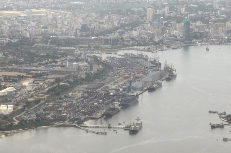 Aerial view of the harbour and berths at the Port of Dar es Salaam, Tanzania